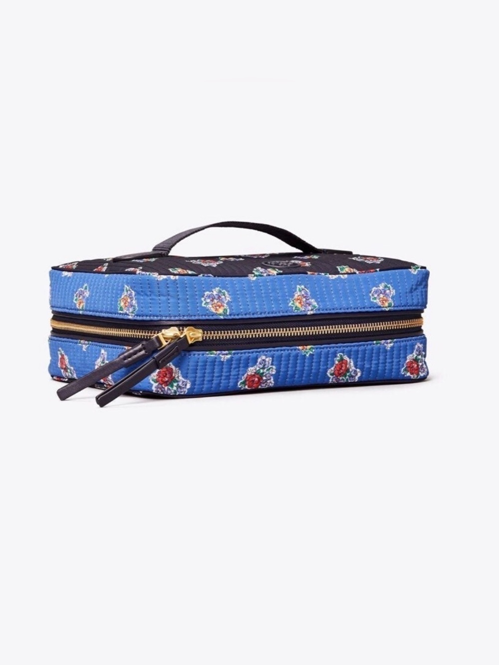 Tory Burch Navy Blue Quilted Floral Cosmetic Makeup Bag
